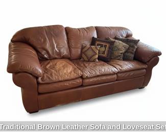 Traditional Brown Leather Sofa and Loveseat Set