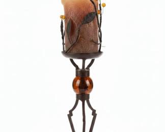 Brutalist Gothic Cast Iron Amber Glass Pillar Candle Holders