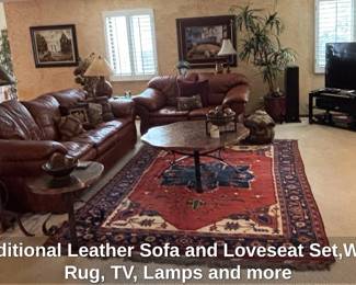 Traditional Leather Sofa and Loveseat Set,Wool Rug, TV, Lamps and more