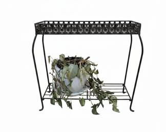 Ornate Black Metal Plant Stand and Stool Set