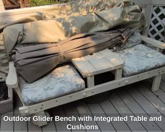 Outdoor Glider Bench with Integrated Table and Cushions