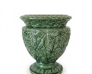 Green Majolica Leaf Pattern Hosley Pottery Urn Vase
