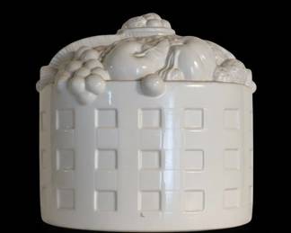 White Ceramic Basketweave Cookie Jar with Cherubs and Fruit Lid