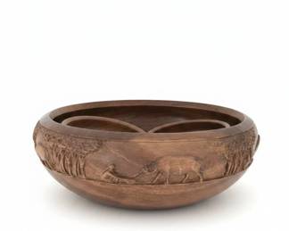 HandCarved Wooden Bowl with African Wildlife Scene and Set of Small Bowls