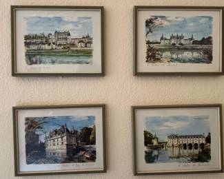 Set of Four French Chateau Watercolor Prints Chambord, Chenonceau, Blois, AzayleRideau