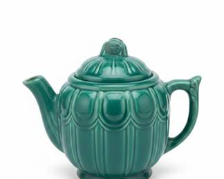 Vintage Shawnee Pottery Green Teapot with Floral Embossing