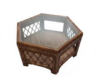 Vintage Hexagonal Rattan Coffee Table with Glass Top, possibly Tommy Bahama Key Largo Collection