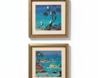 Pair of Tropical Island and Bird Lithographs by Rosalie Prussing