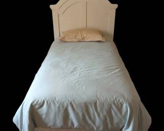 White Wooden Twin Headboard with Matching Nightstands and Wall Sconces