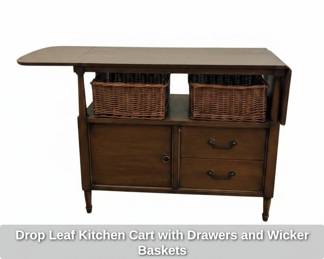Drop Leaf Kitchen Cart with Drawers and Wicker Baskets