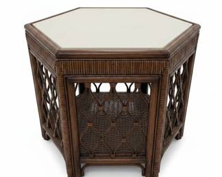 Vintage Hexagonal Rattan Side Table with Ceramic Top