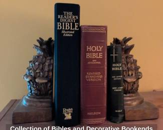 Collection of Bibles and Decorative Bookends