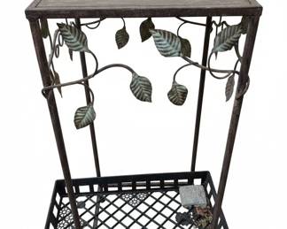 Wrought Iron Plant Stand with Decorative Leaf Accents and Stone Top