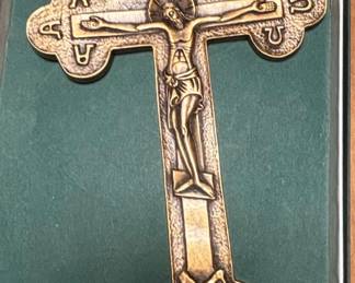 Brass Crucifix with Rose and Heraldic Motifs