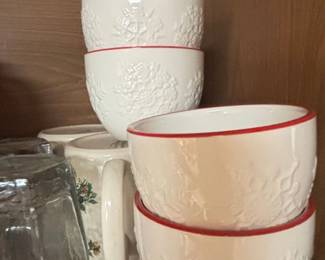 Holiday Home Snowflake Embossed Bowls with Red Rim