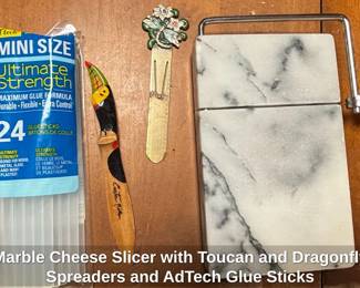 Marble Cheese Slicer with Toucan and Dragonfly Spreaders and AdTech Glue Sticks