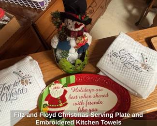 Fitz and Floyd Christmas Serving Plate and Embroidered Kitchen Towels