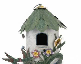 Decorative Metal Birdhouse with Leaf Roof, Floral, and Hummingbird Embellishments