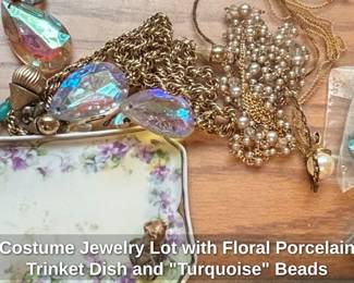 Costume Jewelry Lot with Floral Porcelain Trinket Dish and Turquoise Beads