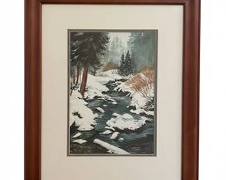 Winter Stream Landscape Watercolor Painting by D.M. Master
