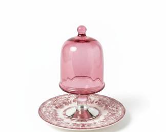 Cranberry Glass Bell Cloche with Chinoiserie Saucer