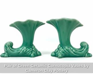 Pair of Green Ceramic Cornucopia Vases by Cameron Clay Pottery