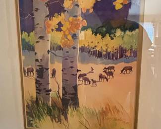 D.M. Abernathy Watercolor Landscape with Elk and Aspen Trees second image