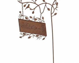 Metal Welcome Sign with Birds on Branch