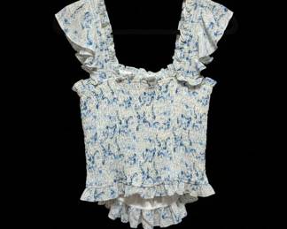 Womens Smocked Ruffle Floral Print Crop Top