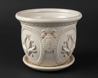 White Ceramic Planter with Embossed Cherubs and Fleurdelis