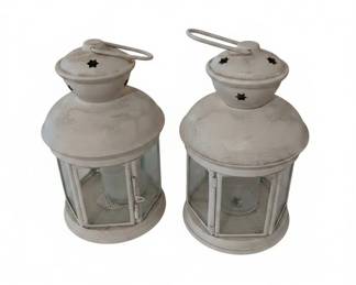Set of Two White Metal Lanterns with Star Cutouts