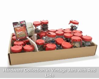 Hardware Collection in Vintage Jars with Red Lids