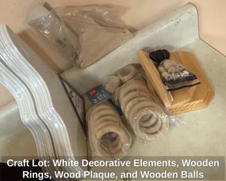 Craft Lot White Decorative Elements, Wooden Rings, Wood Plaque, and Wooden Balls