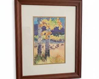 D.M. Abernathy Watercolor Landscape with Elk and Aspen Trees