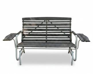 Vintage Wooden Slat Glider Bench with Metal Frame and Side Tables