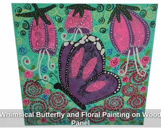 Whimsical Butterfly and Floral Painting on Wood Panel