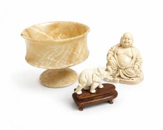 30 AsianCarvedFigurinesOnyxPedestalBowlGroup