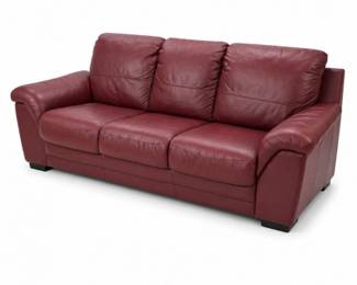69 BurgundyLeatherThreeCushionSofa