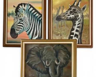 Elephant, Giraffe, Zebra Oil Painting by Sandra Hill, Signed