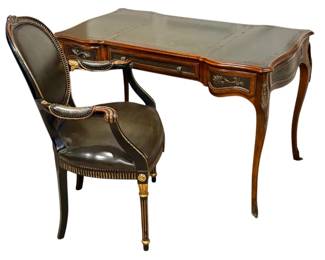 Theodore Alexander Ornate Leather Top Desk Armchair with Brass Accents
