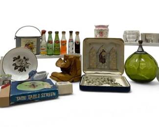 Glow In Dark Rosary, Glass Soda Bottles, Carved Wooden Shoe With Mouse, More