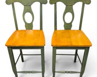 Two Wooden Counter Stools w Green Frames