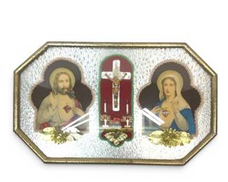 Vintage Catholic Shadow Box w Convex Bubble Glass Cover