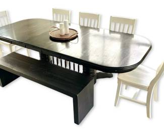 Black Wooden Farmhouse Style Dining Table w Chairs  Bench