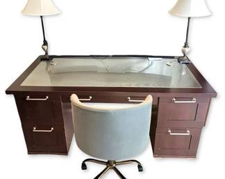 Dark Brown Glass Top Desk w Swivel Chair  Lamps
