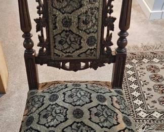 Antique Neo-Renaissance revival highback chair. Hand carved Oak wood detail. Late 19th century. Wood is excellent and fabric needs to be reupholstered. Cost $125