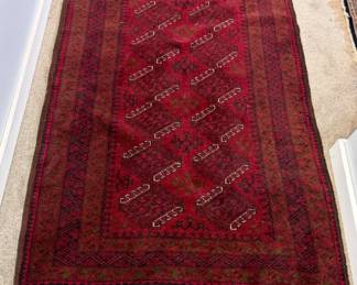 Dimensions:  5’ 7” x 3’ 6” Description: Made in Pakistan Afghan vintage rug, hand knotted. 100% wool, Turkman tribal design showcasing geometric gull motif.  Style: tribal, Bokhara, or Turkman Price: $350