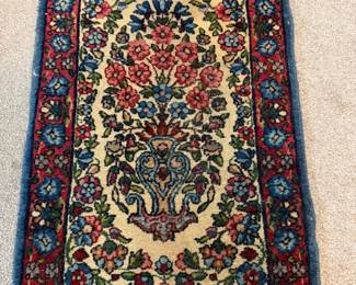 Dimensions: 1’5” x 2’4” Description: Persian hand knotted 100% wool rug. Antique Color: Floral muti color design with deep red, pink, blue, beige borders Possibly Kerman or Sarouk rug Price: $200