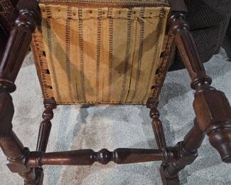 Antique Neo-Renaissance revival highback chair. Hand carved Oak wood detail. Late 19th century. Wood is excellent and fabric needs to be reupholstered. Cost $125