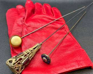 Antique Hat Pin Collection + Vintage Leather Gloves
